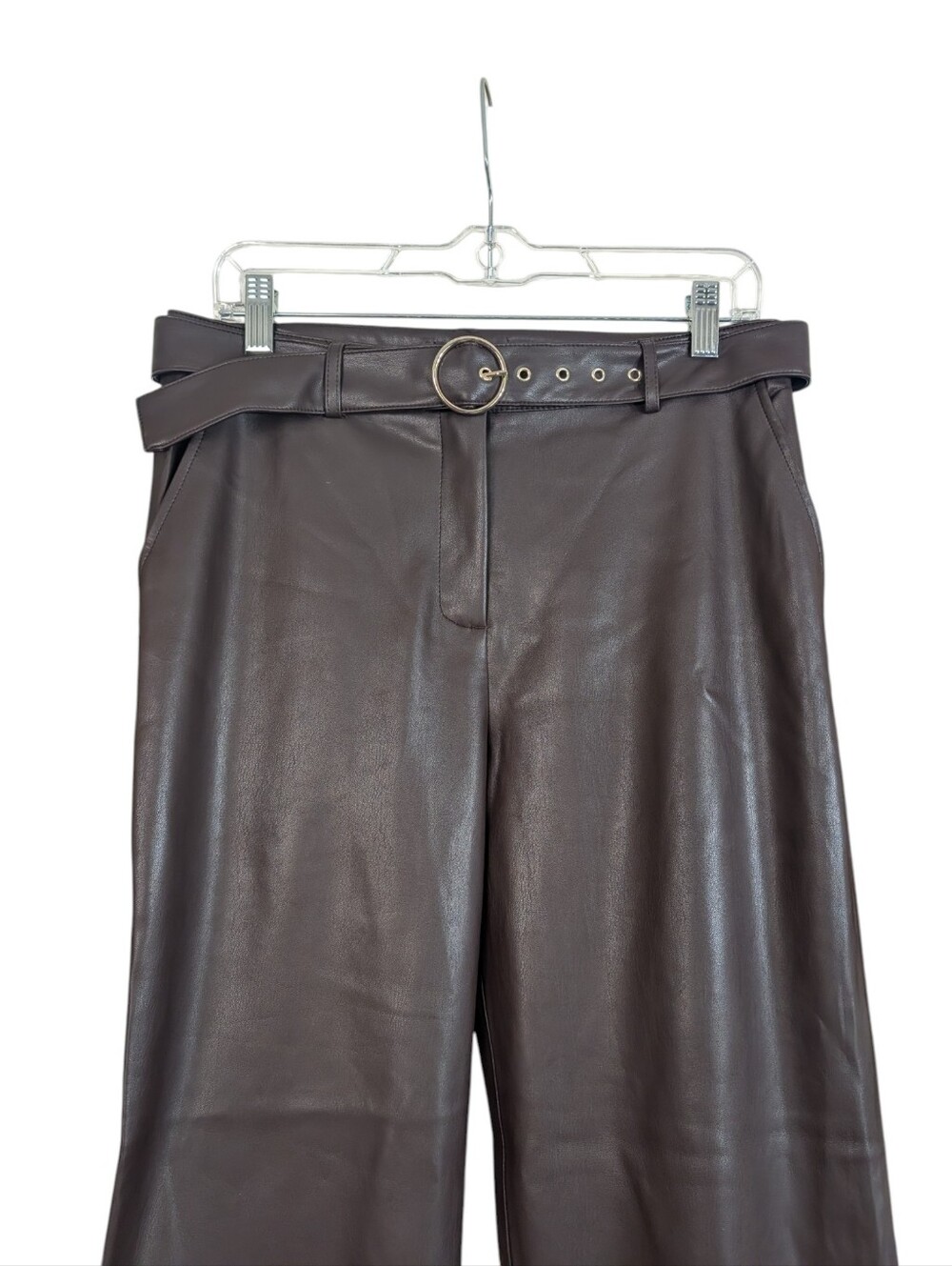 Tahari Faux Leather Belted Straight Leg Pants Brown Size 10 NWT Wide Leg - Picture 3 of 10